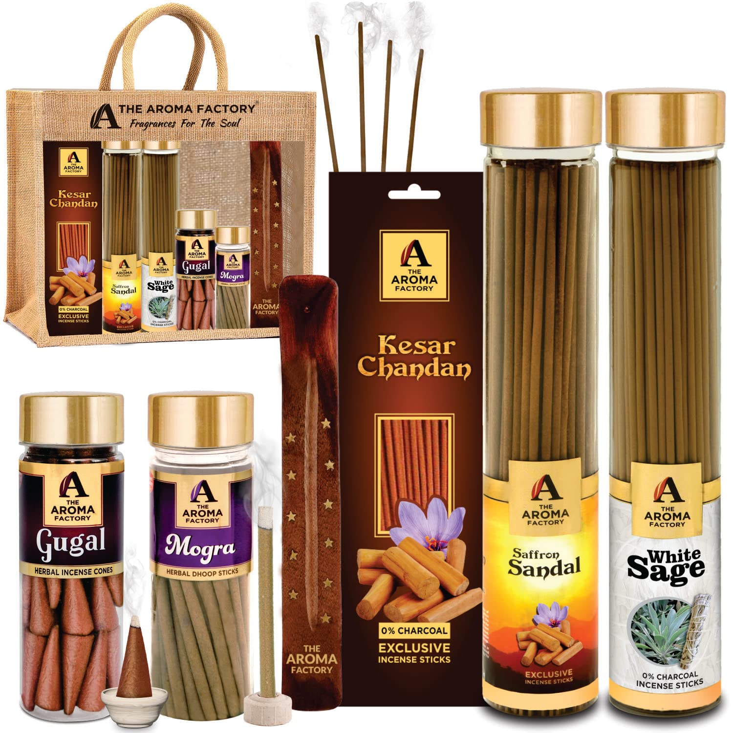 The Aroma Factory Devotion Giftpack( Kesar Chandan & White Sage Agarbatti, Mogra Dhoopbatti, Gugal Dhoop Cone, Kesar Chandan 30 Sticks) with Jute Bag No Charcoal, 100% Organic Incense (Devotion)