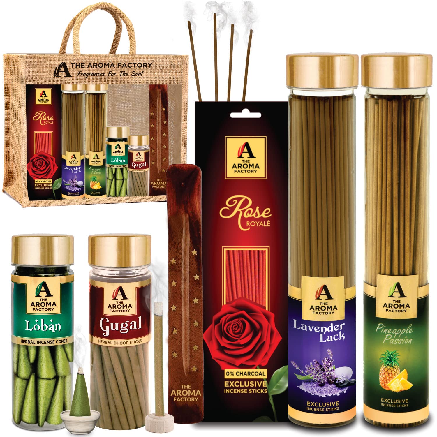 The Aroma Factory Exclusive Giftpack (Lavender & Pineapple Agarbatti, Gugal Dhoopbatti, Loban DhoopCone, Rose 30 Sticks) with Jute Bag No Charcoal, 100% Organic Incense (Exclusive)