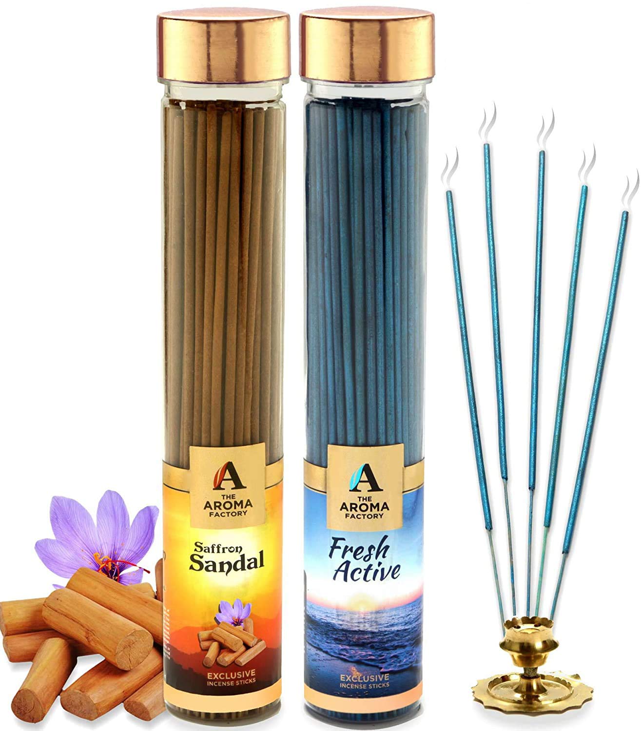 The Aroma Factory Kesar Chandan Saffron Sandal & Fresh Active Agarbatti Incense Sticks (0% Charcoal) Pack of 2 x 100g