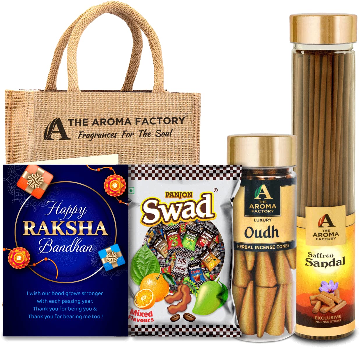 The Aroma Factory Happy Raksha Bandan Gift Hamper Set (Swad Mix 25 Candy,Kesar Chandan Agarbatti, oudh Dhoopcone, Greeting Card, Jute Bag) Gift Item