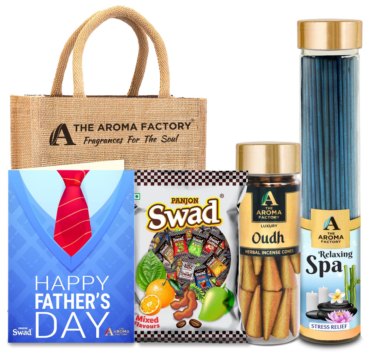 The Aroma Factory Father's Day Hamper Set (Swad Mix 25 Candy, Incense Relaxing Spa Agarbatti, Oudh Dhoopcone, Greeting Card, Jute Bag) Gift Item