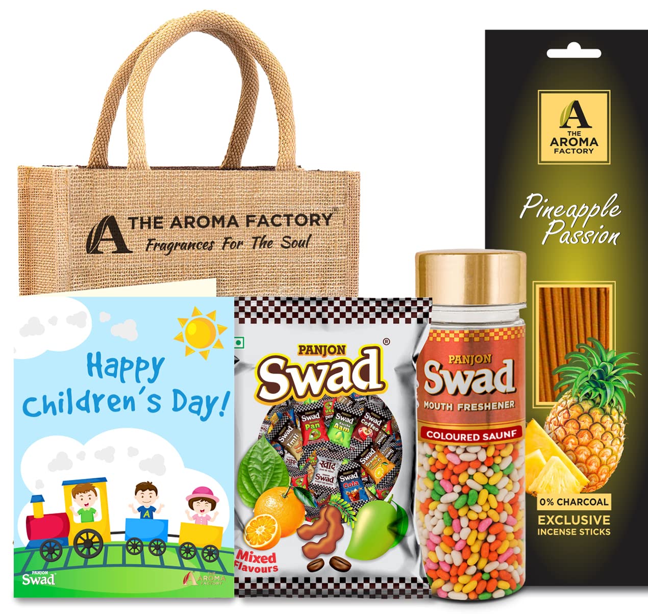 The Aroma Factory Happy Children's Day Gift Hamper Set (Swad Mix 25 Candy, Incense Pineapple 30 Sticks Agarbatti Packet, Swad Coloured Saunf Bottle, Greeting Card, Jute Bag) Gift Item