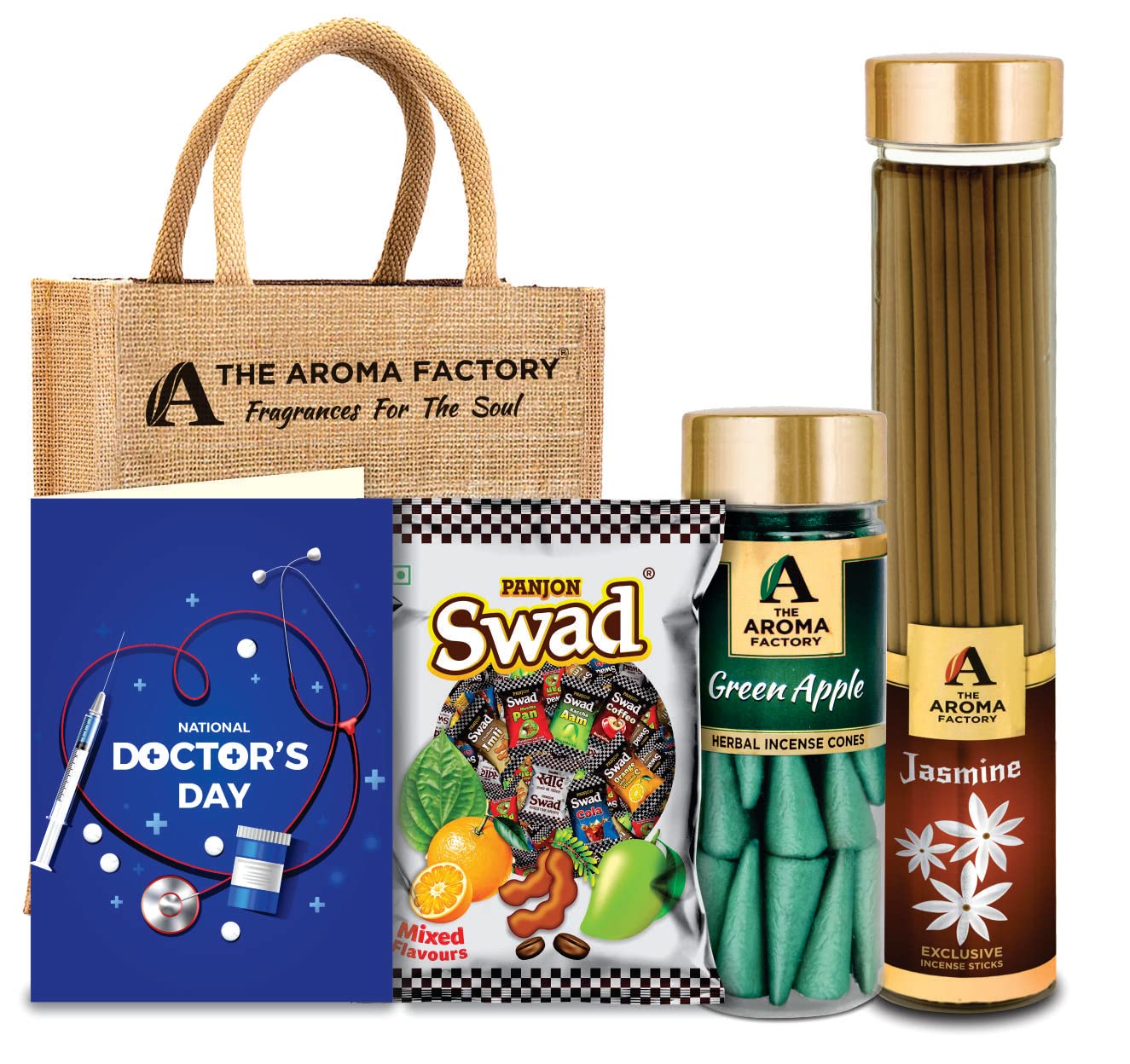 The Aroma Factory Happy Doctors Day Gift Hamper Set (Swad Mix 25 Candy, Incense Jasmine Agarbatti, Green Apple Dhoopcone, Greeting Card, Jute Bag) Gift Item