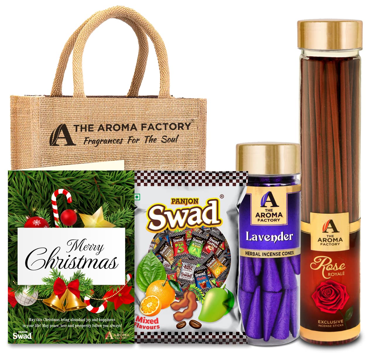The Aroma Factory Happy Merry Christmas Gift Hamper Set (Swad Mix 25 Candy,Rose Agarbatti, Lavender Dhoopcone, Greeting Card, Jute Bag) Gift Item