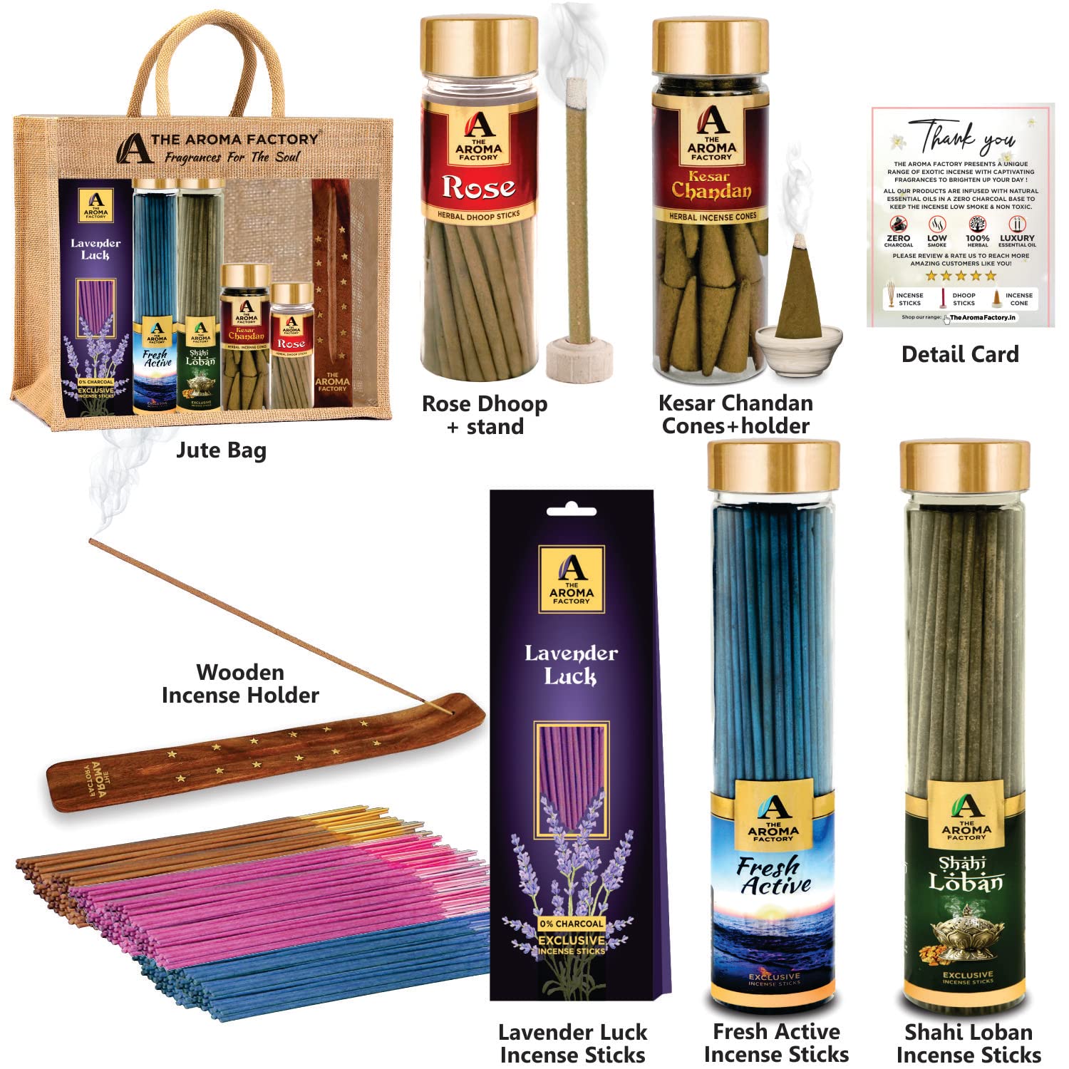 The Aroma Factory Royal Giftpack ( Loban & Fresh Active Agarbatti, Rose Dhoopbatti, Kesar Chandan DhoopCone, Lavender 30 Sticks) with Jute Bag No Charcoal, 100% Organic Incense (Royal)