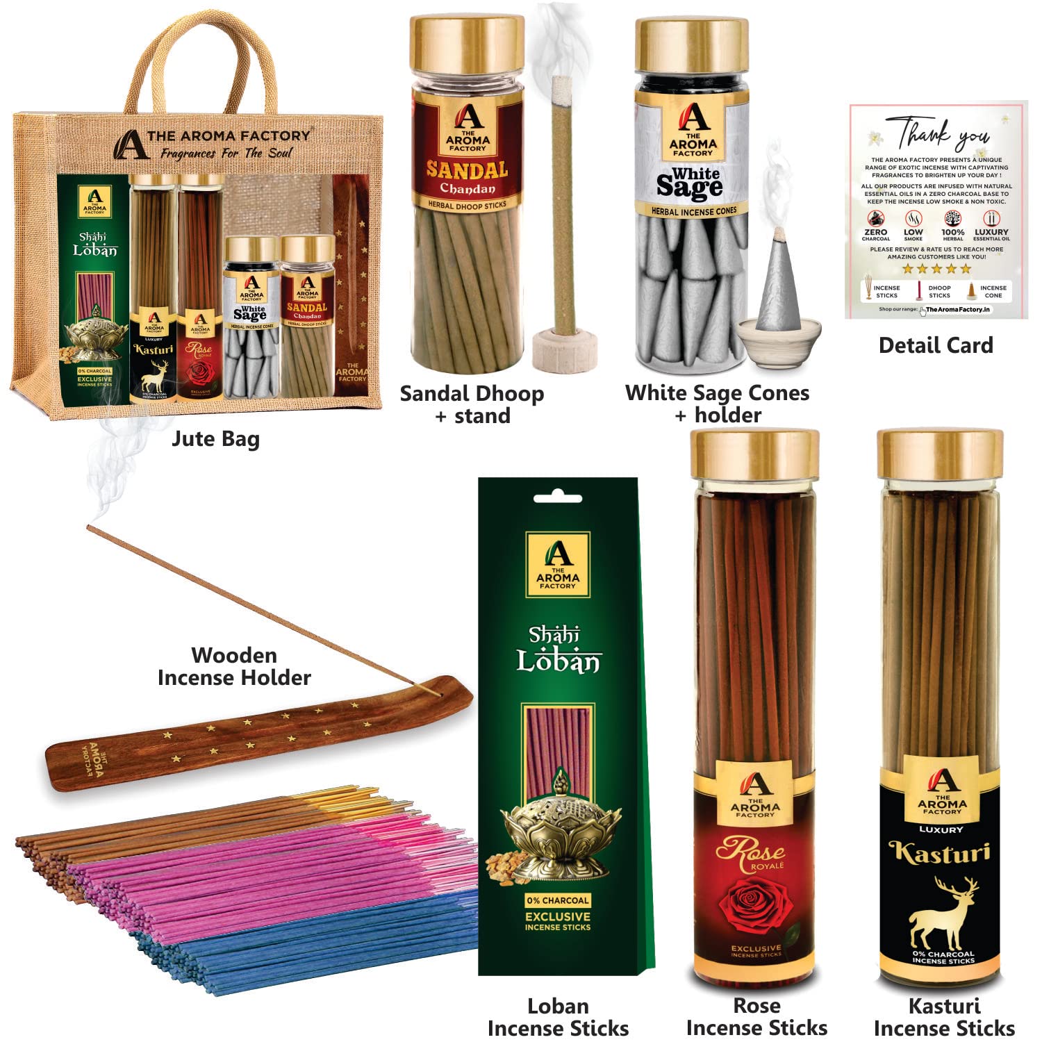 The Aroma Factory Exotic Giftpack (Rose & Kasturi Agarbatti, Sandal Chandan Dhoopbatti, White Sage Dhoop Cone, Shahi Loban 30 Sticks) with Jute Bag No Charcoal, 100% Organic Incense (Exotic)