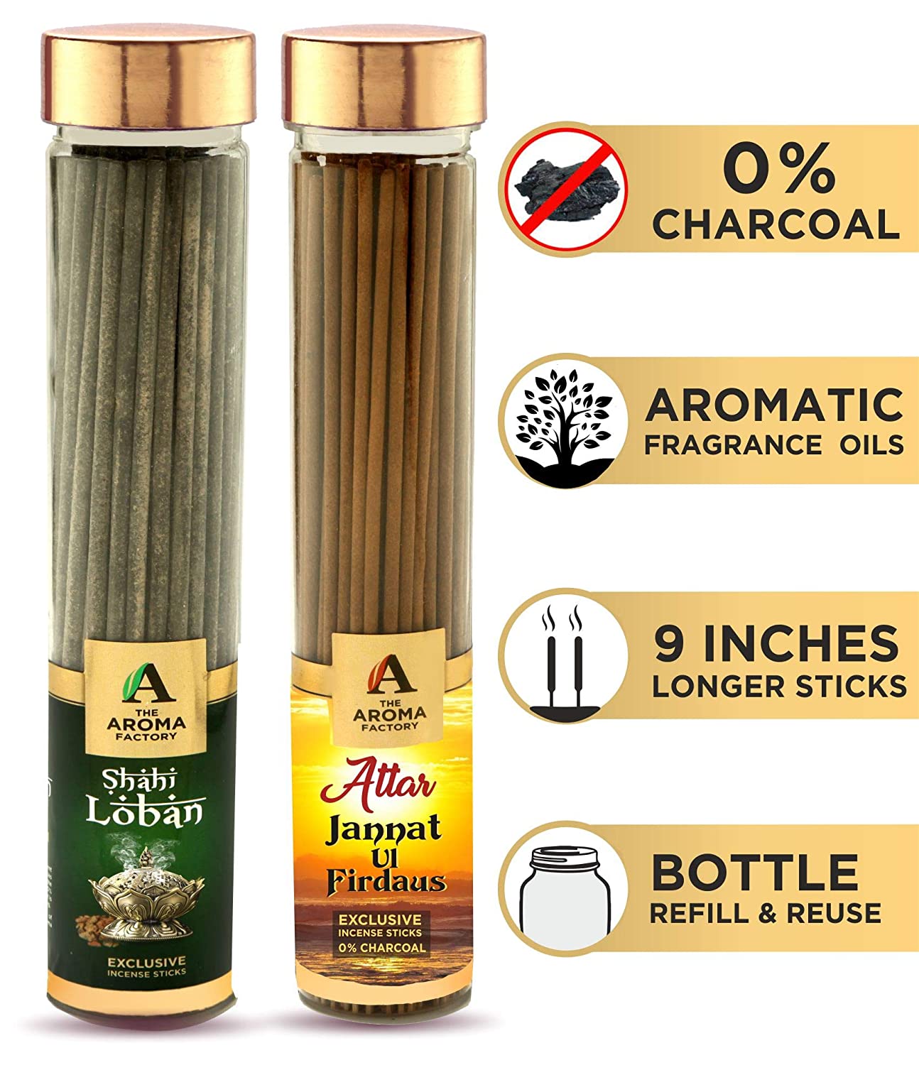 The Aroma Factory Attar Jannat Ul Firdaus & Loban Agarbatti Incense Stick (Bottle Pack of 2 x 100g)