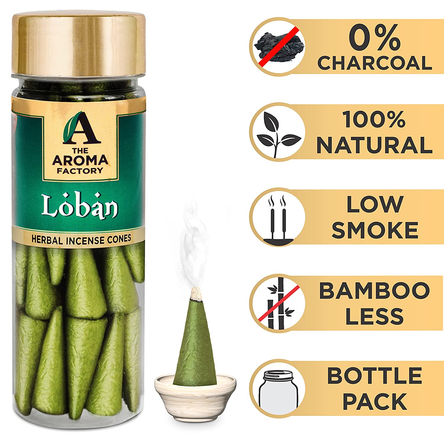 The Aroma Factory Incense Dhoop Cone for Puja, Loban (100% Herbal & 0% Charcoal) 1 Bottle x 30 Cones