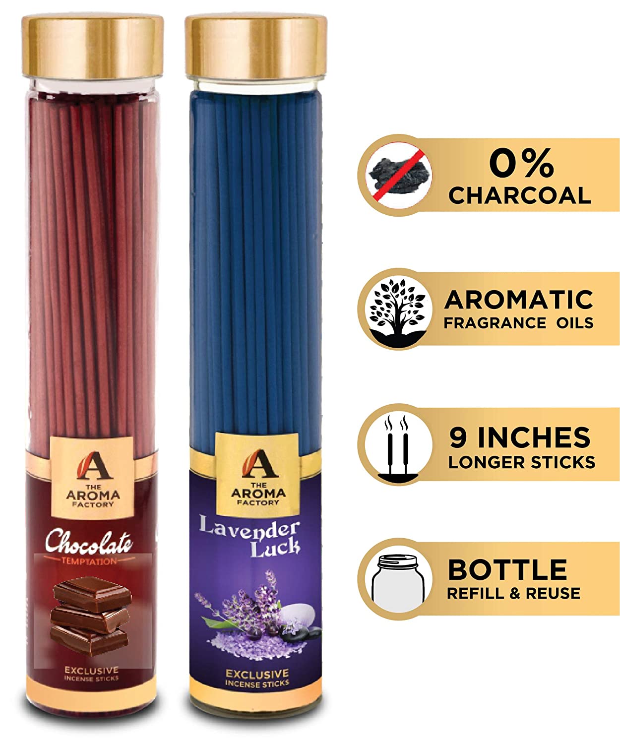 The Aroma Factory Chocolate & Lavender Luck Agarbatti (Charcoal Free & Low Smoke) Bottle Pack of 2 x 100