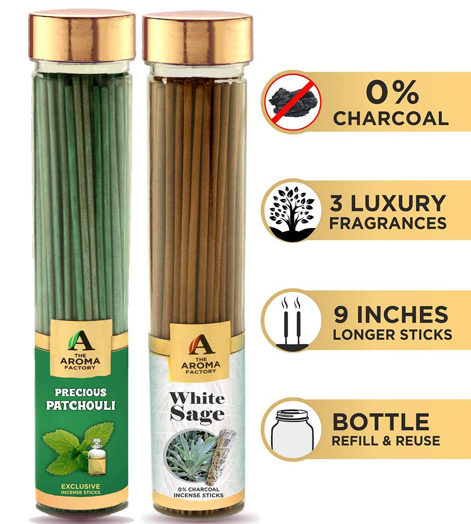 The Aroma Factory White Sage & Patchouli Incense Sticks Agarbatti Smudge Smudging Leaves (Bottle Pack of 2 x 100)