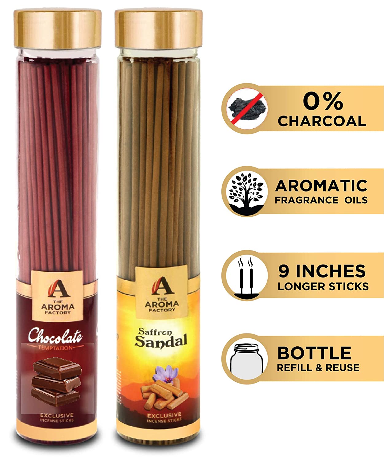 The Aroma Factory Chocolate & Kesar Chandan Saffron Sandal Agarbatti (Charcoal Free & Low Smoke) Bottle Pack of 2 x 100