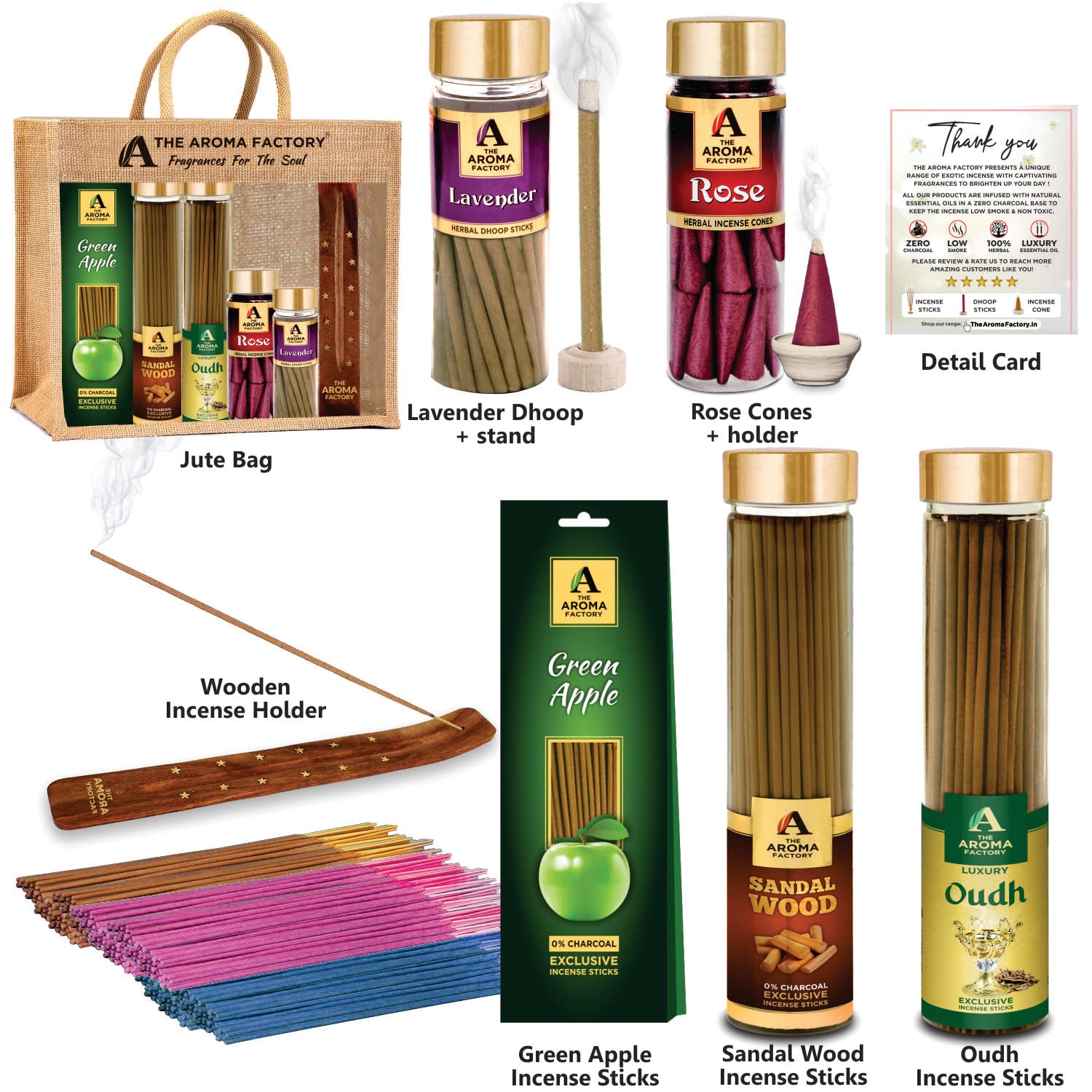 The Aroma Factory Aromatic Giftpack( Sandalwood & Oudh Agarbatti, Lavender Dhoopbatti, Rose Dhoopcone, Greenapple 30 Sticks) with Jute Bag No Charcoal, 100% Organic Incense (Aromatic)