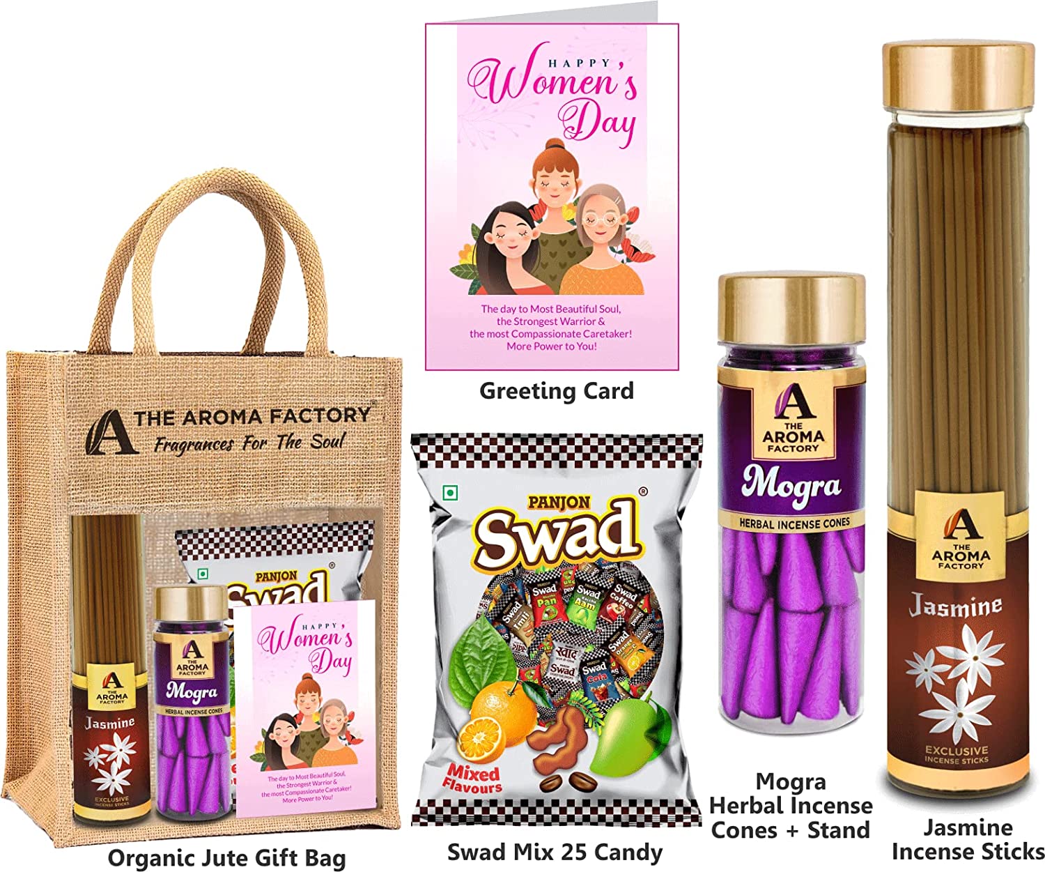 The Aroma Factory Happy Women's Day Gift Hamper Set (Swad Mix 25 Candy, Incense Jasmine Agarbatti, Mogra Dhoopcone, Greeting Card, Jute Bag) Gift Item
