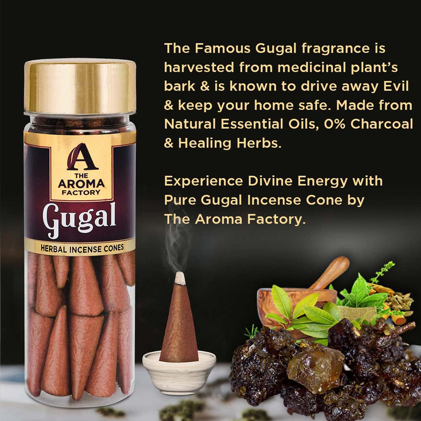 The Aroma Factory Incense Dhoop Cone for Puja, Gugal (100% Herbal & 0% Charcoal) 1 Bottle x 30 Cones