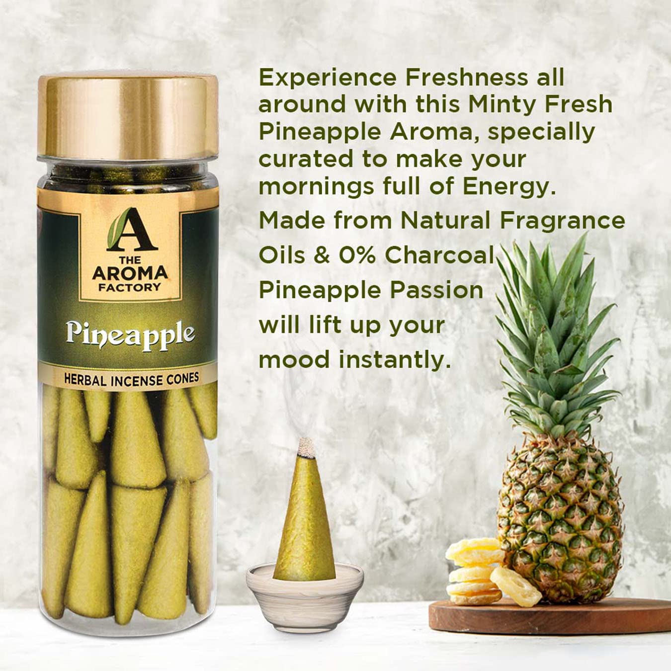 The Aroma Factory Incense Dhoop Cone for Pooja, Pineapple (100% Herbal & 0% Charcoal) 1 Bottle x 30 Cones
