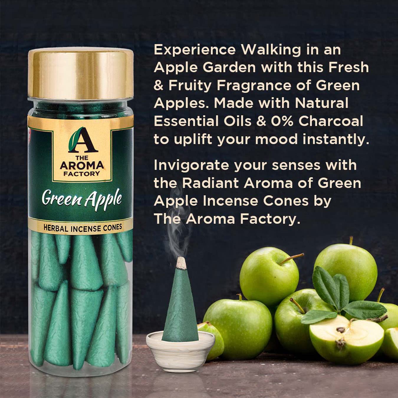 The Aroma Factory Incense Dhoop Cone for Pooja, Green Apple (100% Herbal & 0% Charcoal) 1 Bottle x 30 Cones