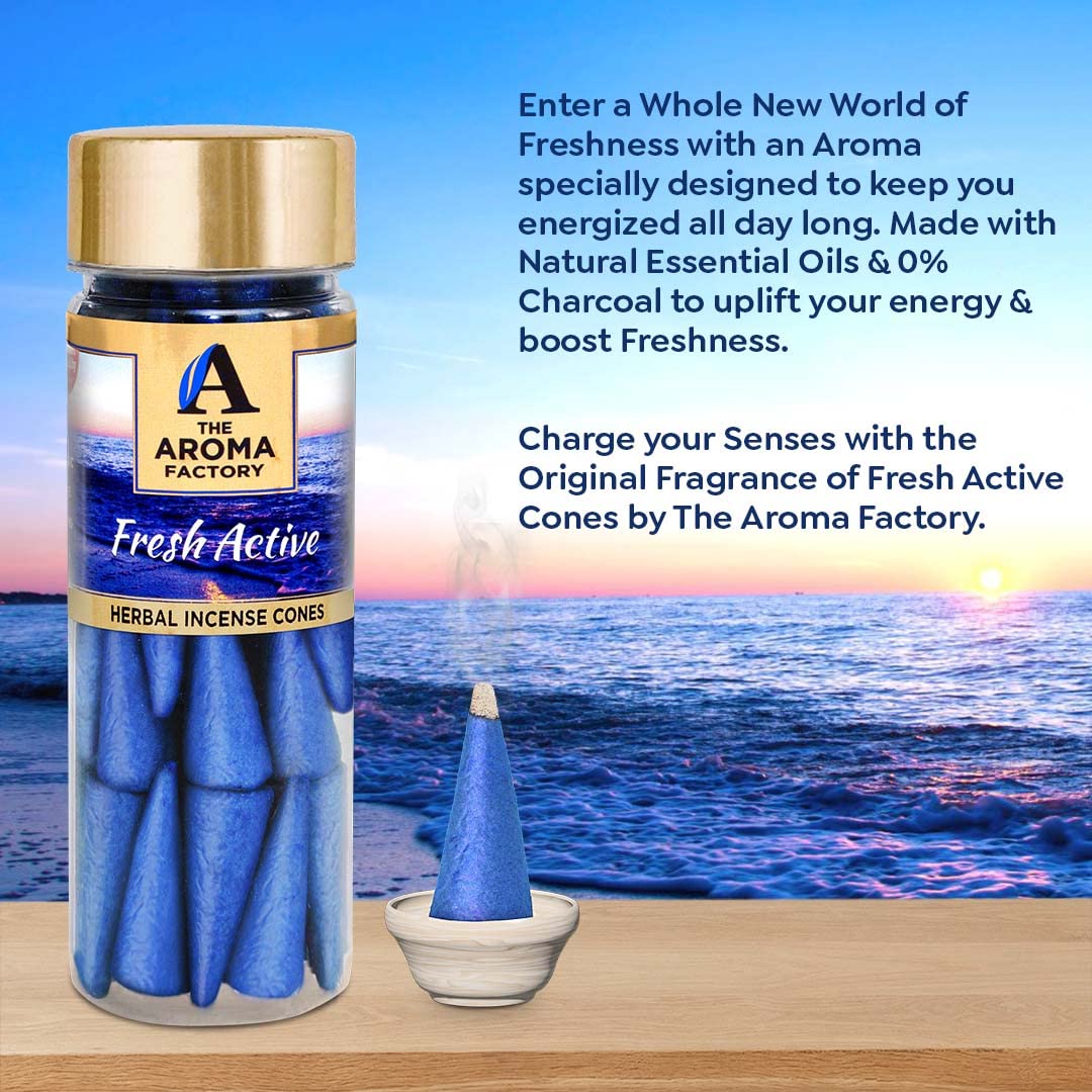 The Aroma Factory Incense Dhoop Cone for Pooja, Fresh Active (100% Herbal & 0% Charcoal) 1 Bottle x 30 Cones