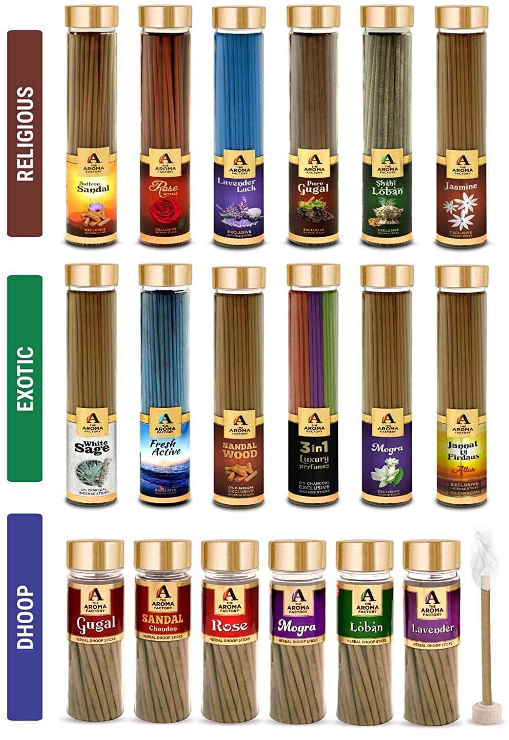 The Aroma Factory Devotion Giftpack( Kesar Chandan & White Sage Agarbatti, Mogra Dhoopbatti, Gugal Dhoop Cone, Kesar Chandan 30 Sticks) with Jute Bag No Charcoal, 100% Organic Incense (Devotion)