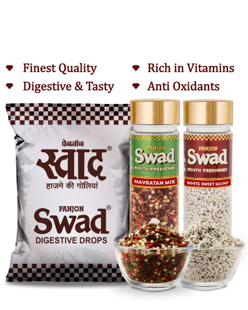 Swad Original 50 Candies & 5 Pachak Bottles White Sweet Saunf, Anardana goli, Khatta Meetha Khajoor, Banarasi Paan, Navratan Mix, 6 Units, 900 g
