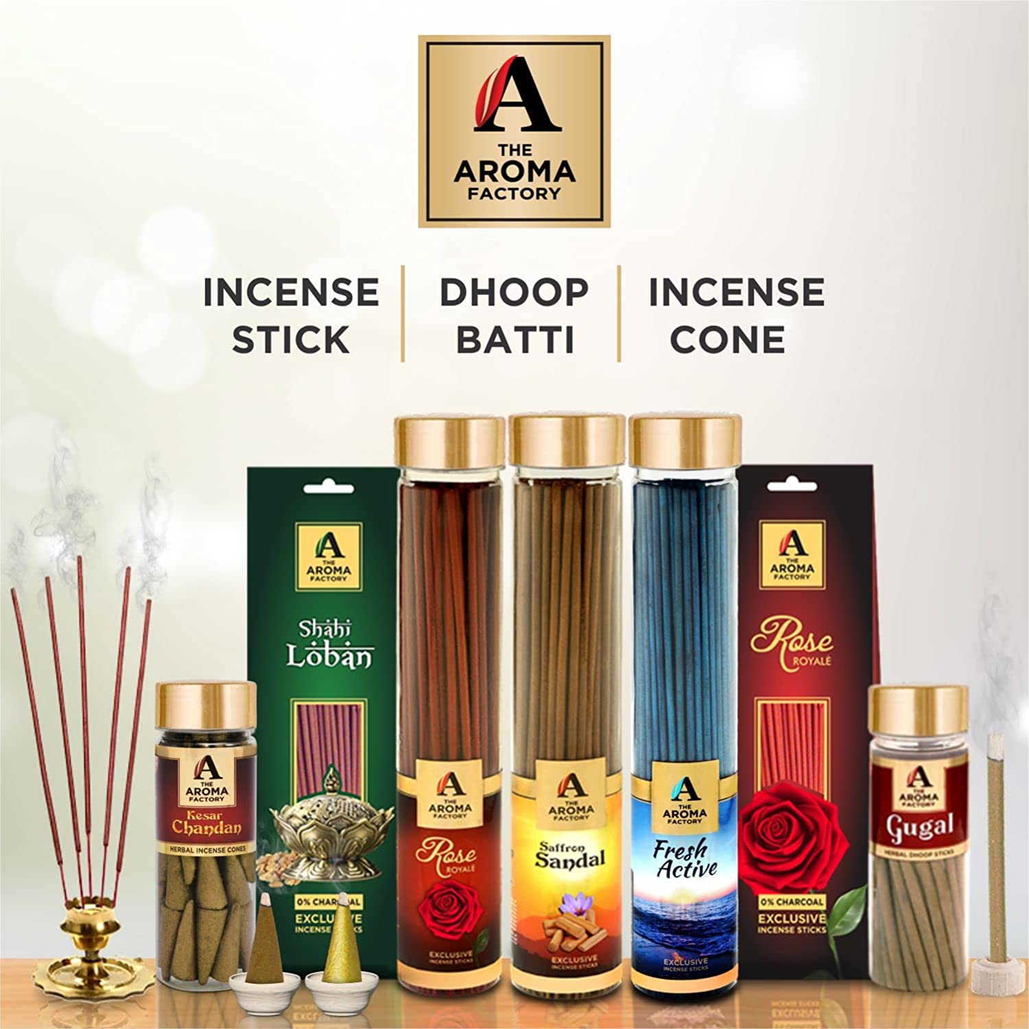 The Aroma Factory Incense Dhoop Cone for Puja, Gugal (100% Herbal & 0% Charcoal) 1 Bottle x 30 Cones