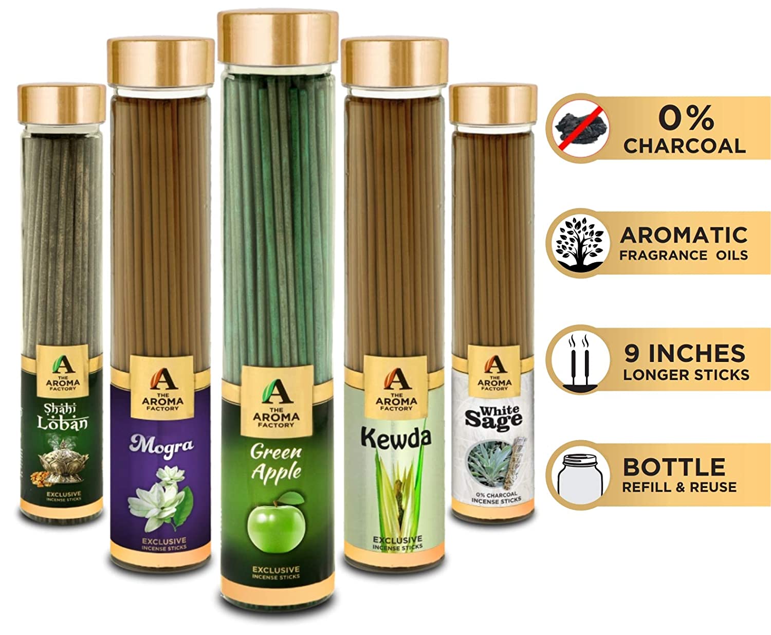 The Aroma Factory Loban, Mogra, Green Apple, Kewda & White Sage Incense Stick Agarbatti (Zero Charcoal & 100% Herbal) Bottle Pack of 5 x 100