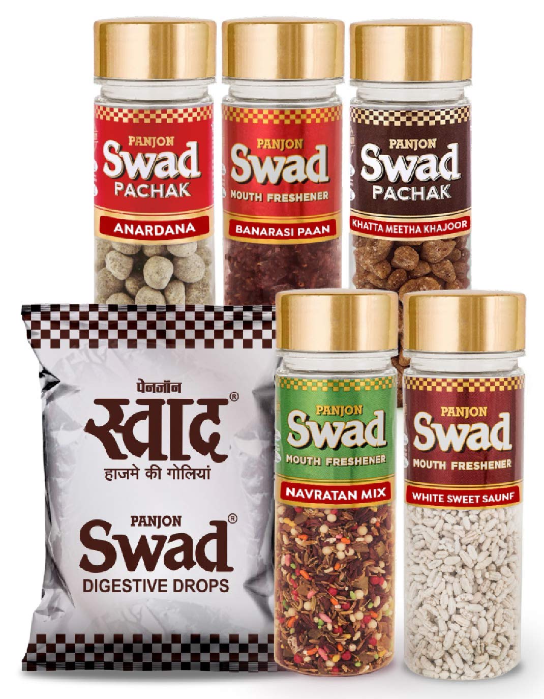 Swad Original 50 Candies & 5 Pachak Bottles White Sweet Saunf, Anardana goli, Khatta Meetha Khajoor, Banarasi Paan, Navratan Mix, 6 Units, 900 g