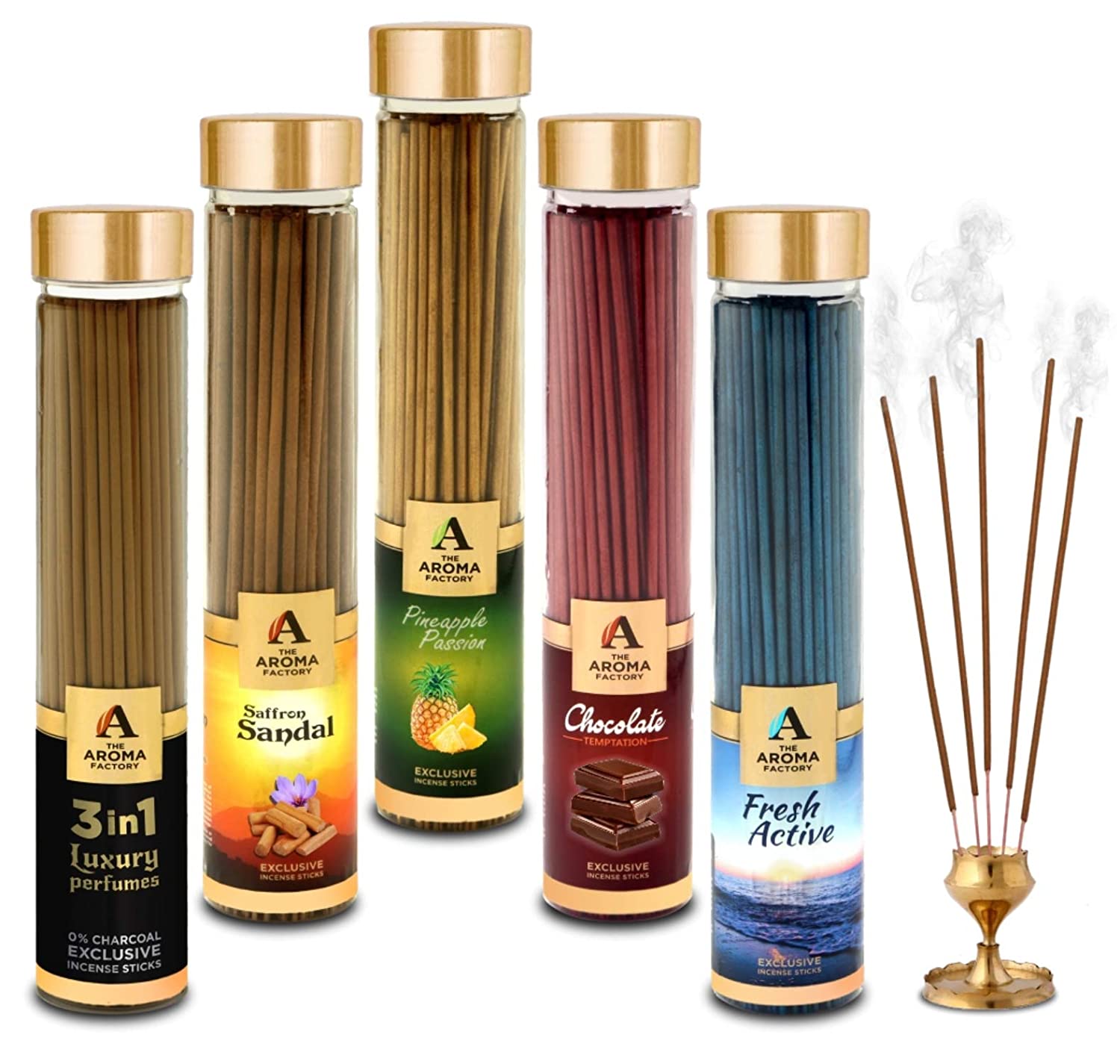 The Aroma Factory Kesar Chandan, 3 in 1, Attar Jannat, Patchouli & Fresh Active Incense Stick Agarbatti (Zero Charcoal & 100% Herbal) Bottle Pack of 5 x 100