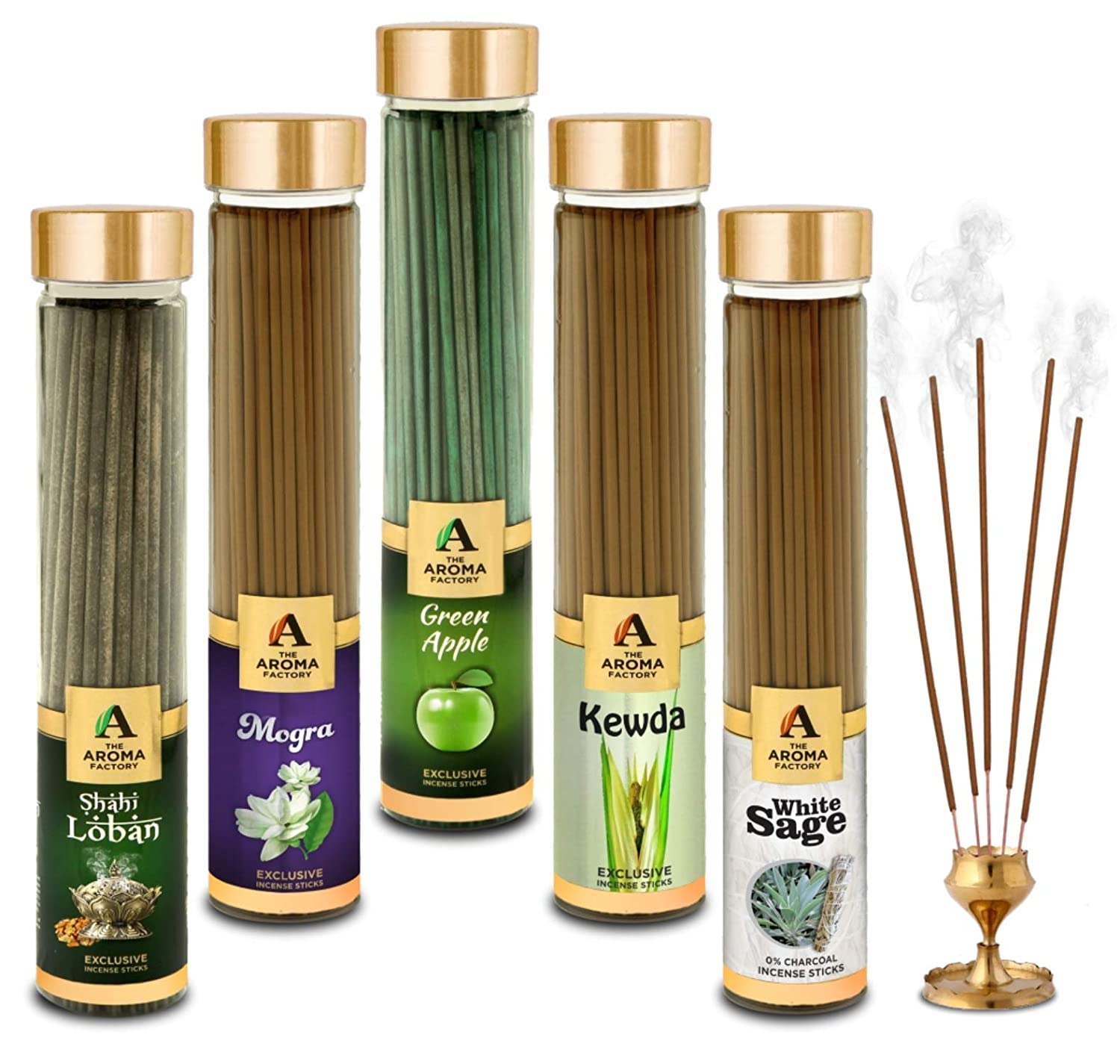 The Aroma Factory Loban, Mogra, Green Apple, Kewda & White Sage Incense Stick Agarbatti (Zero Charcoal & 100% Herbal) Bottle Pack of 5 x 100