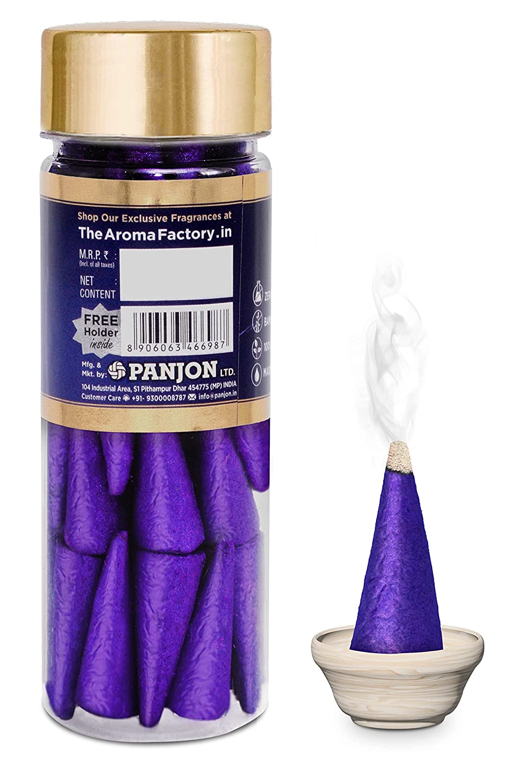 The Aroma Factory Incense Dhoop Cone for Pooja, Lavender (100% Herbal & 0% Charcoal) 1 Bottle x 30 Cones