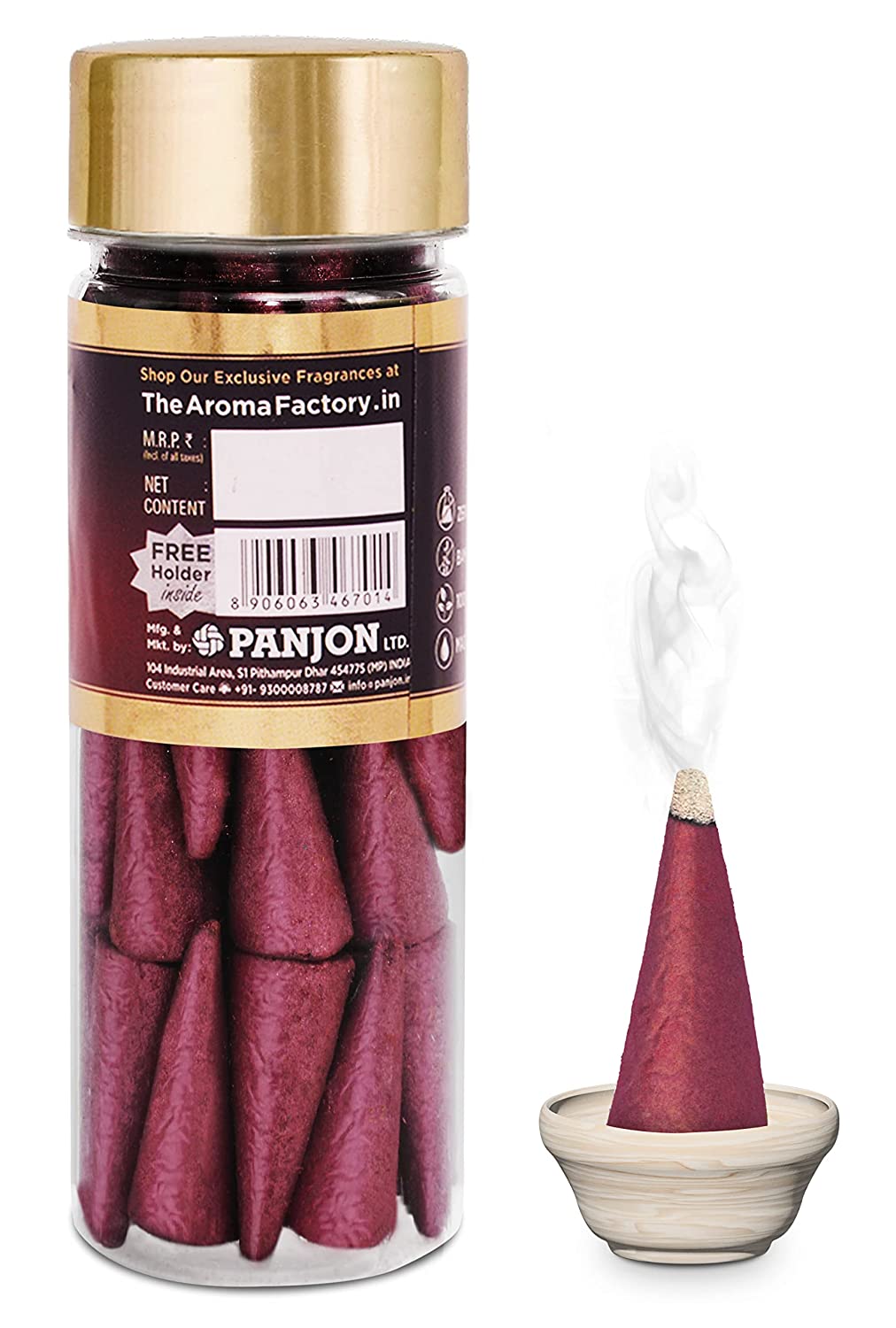 The Aroma Factory Incense Dhoop Cone for Pooja, Rose (100% Herbal & 0% Charcoal) 1 Bottle x 30 Cones