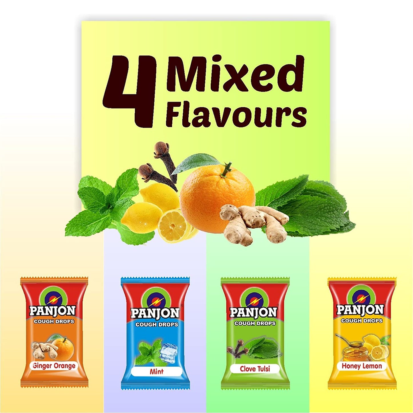 Panjon Cough Drops Mixed Candies Jar, Ginger Orange, Clove Tulsi, Mint and Honey Lemon, 200 Candies
