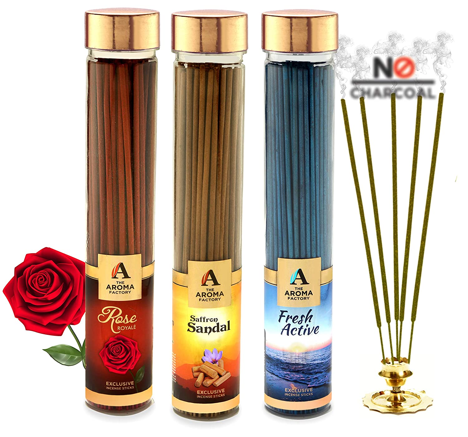 The Aroma Factory Pooja Agarbatti Combo of 3 : Rose, Kesar Chandan Saffron Sandal and Fresh Active Incense Sticks (Bottle Pack of 3 x 100)