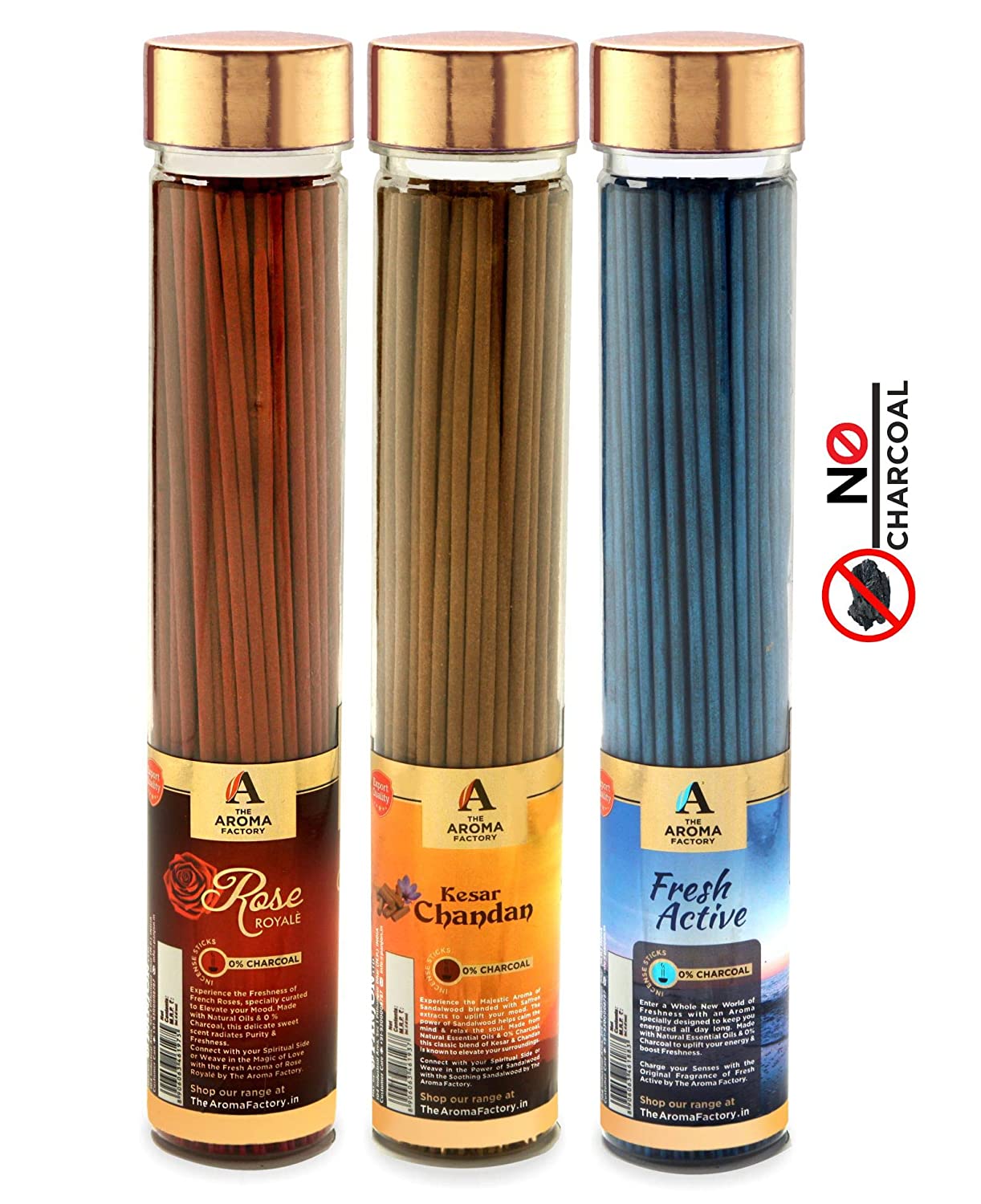The Aroma Factory Pooja Agarbatti Combo of 3 : Rose, Kesar Chandan Saffron Sandal and Fresh Active Incense Sticks (Bottle Pack of 3 x 100)