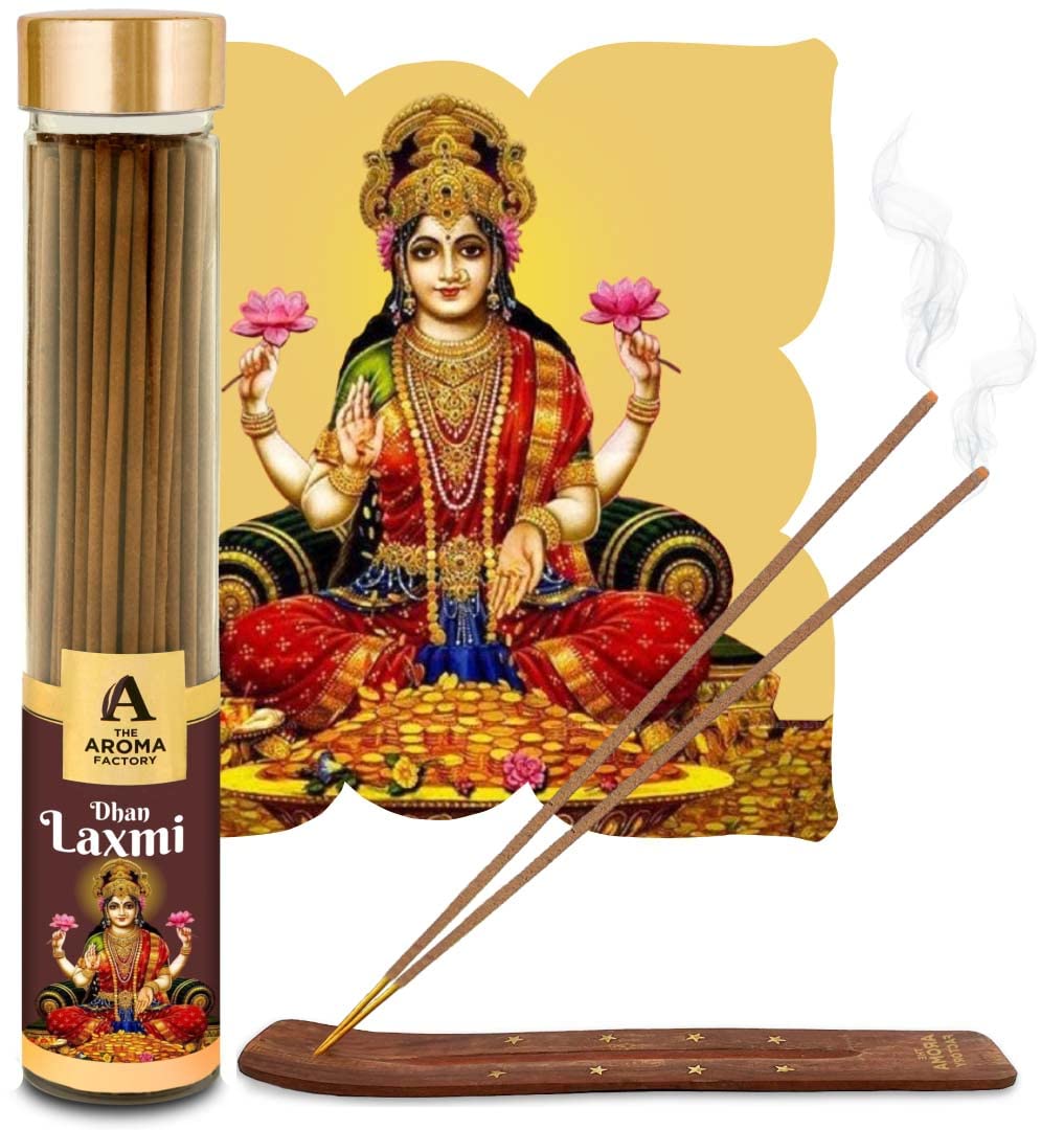 The Aroma Factory Agarbatti for Pooja, Dhan Laxmi Incense Sticks, Charcoal Free & Low Smoke Agarbatti with Essential Oils & Natural Fragrance, 100g X 1 Bottle