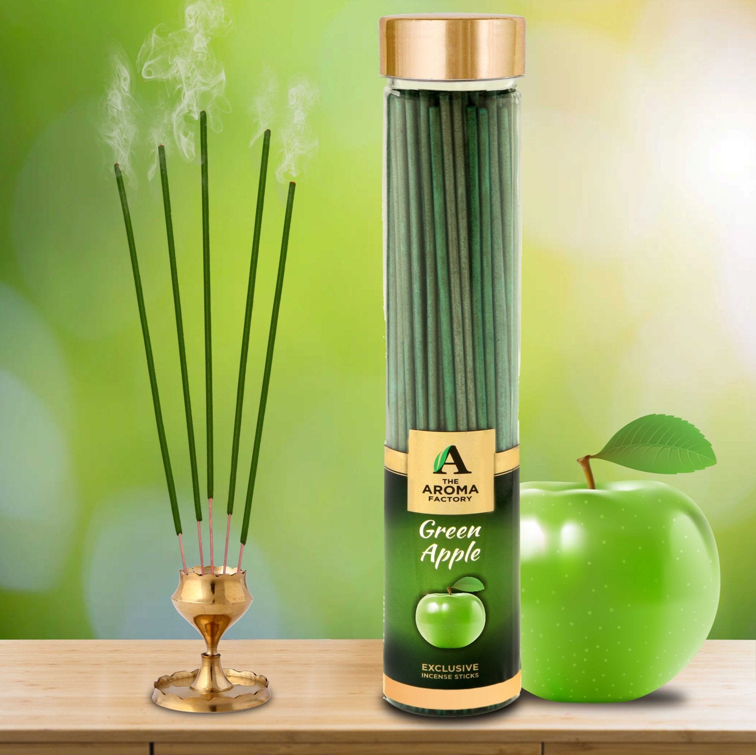 The Aroma Factory Green Apple Incense Sticks Agarbatti (Charcoal Free & 100% Herbal) Bottle, 100g