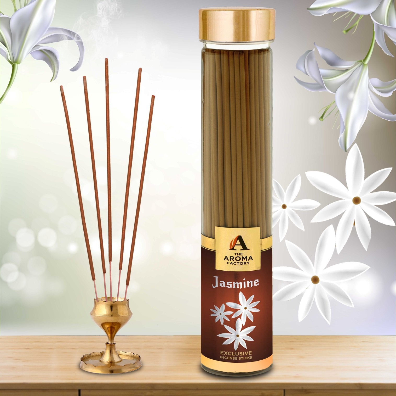 The Aroma Factory Jasmine Incense Sticks Agarbatti (Charcoal Free & 100% Herbal) Bottle, 100g