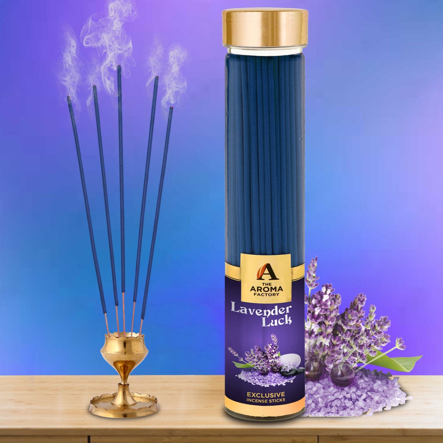 The Aroma Factory Lavender Luck Incense Sticks Agarbatti (Charcoal Free & 100% Herbal) Bottle, 100g