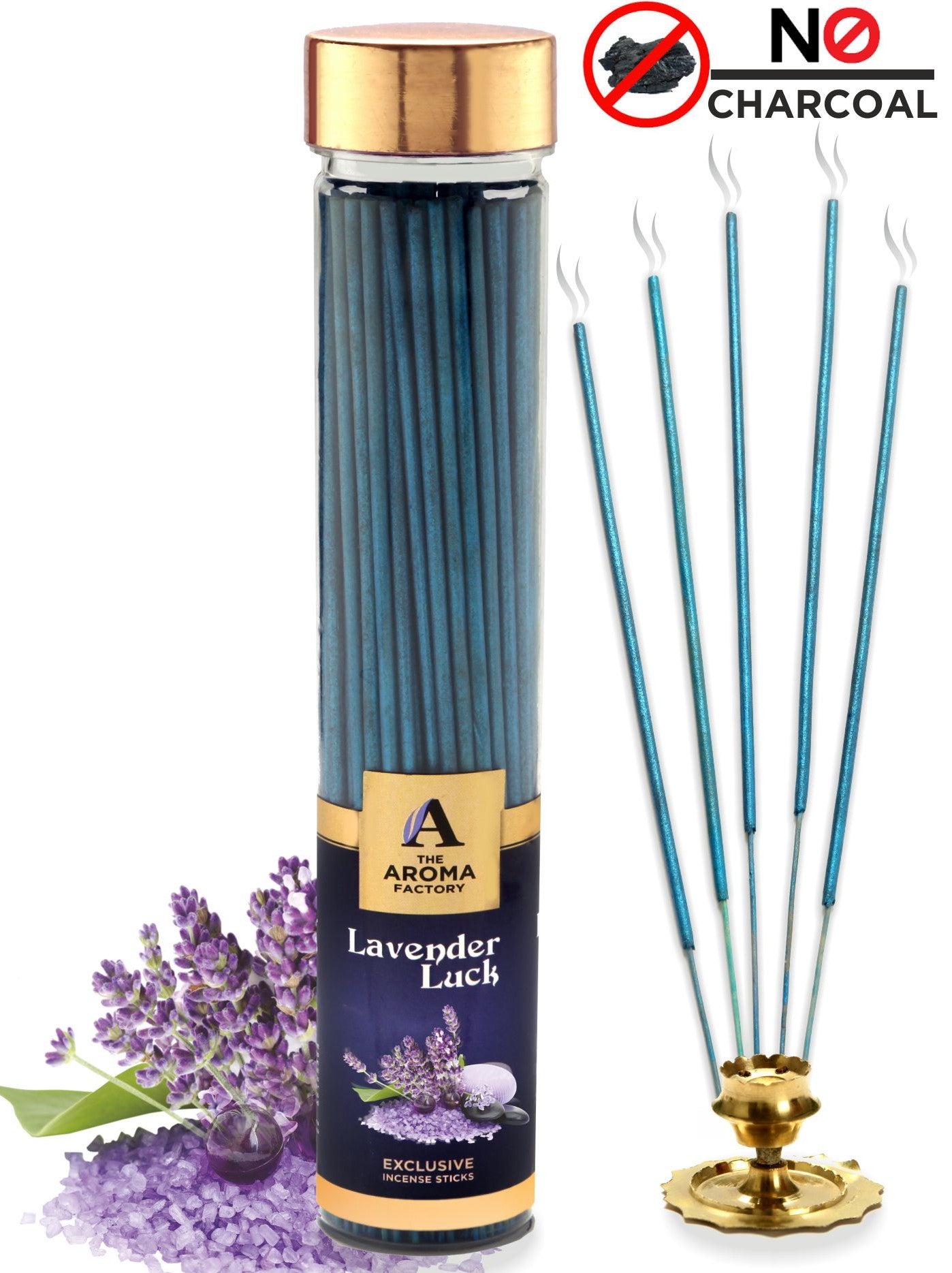 The Aroma Factory Lavender Luck Incense Sticks Agarbatti (Charcoal Free & 100% Herbal) Bottle, 100g