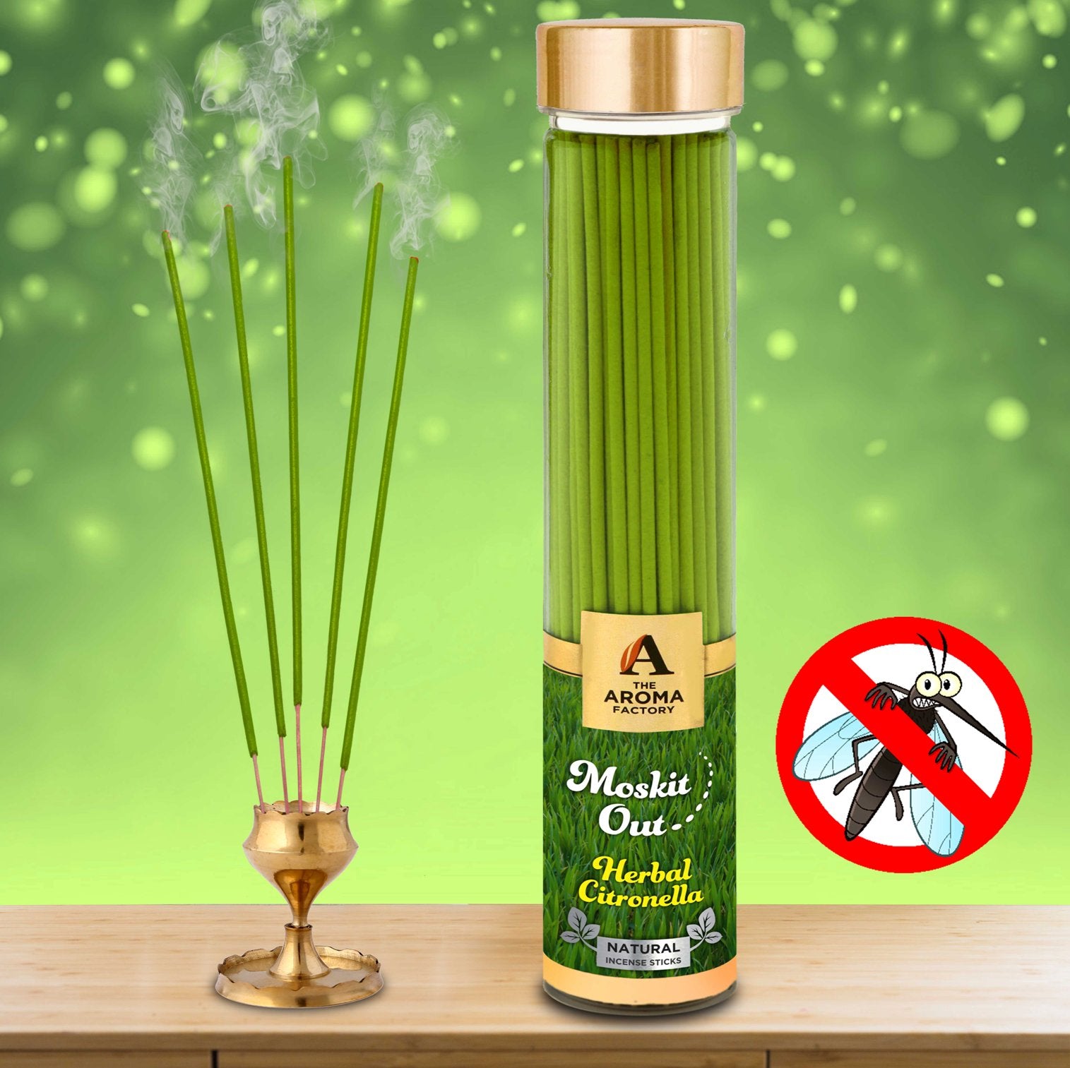 The Aroma Factory Moskit Out Citronella Incense Sticks Agarbatti (Charcoal Free & 100% Herbal) Bottle, 100g