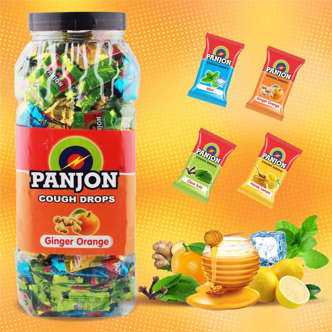 Panjon Cough Drops Mixed Candies Jar, Ginger Orange, Clove Tulsi, Mint and Honey Lemon, 300 Candies