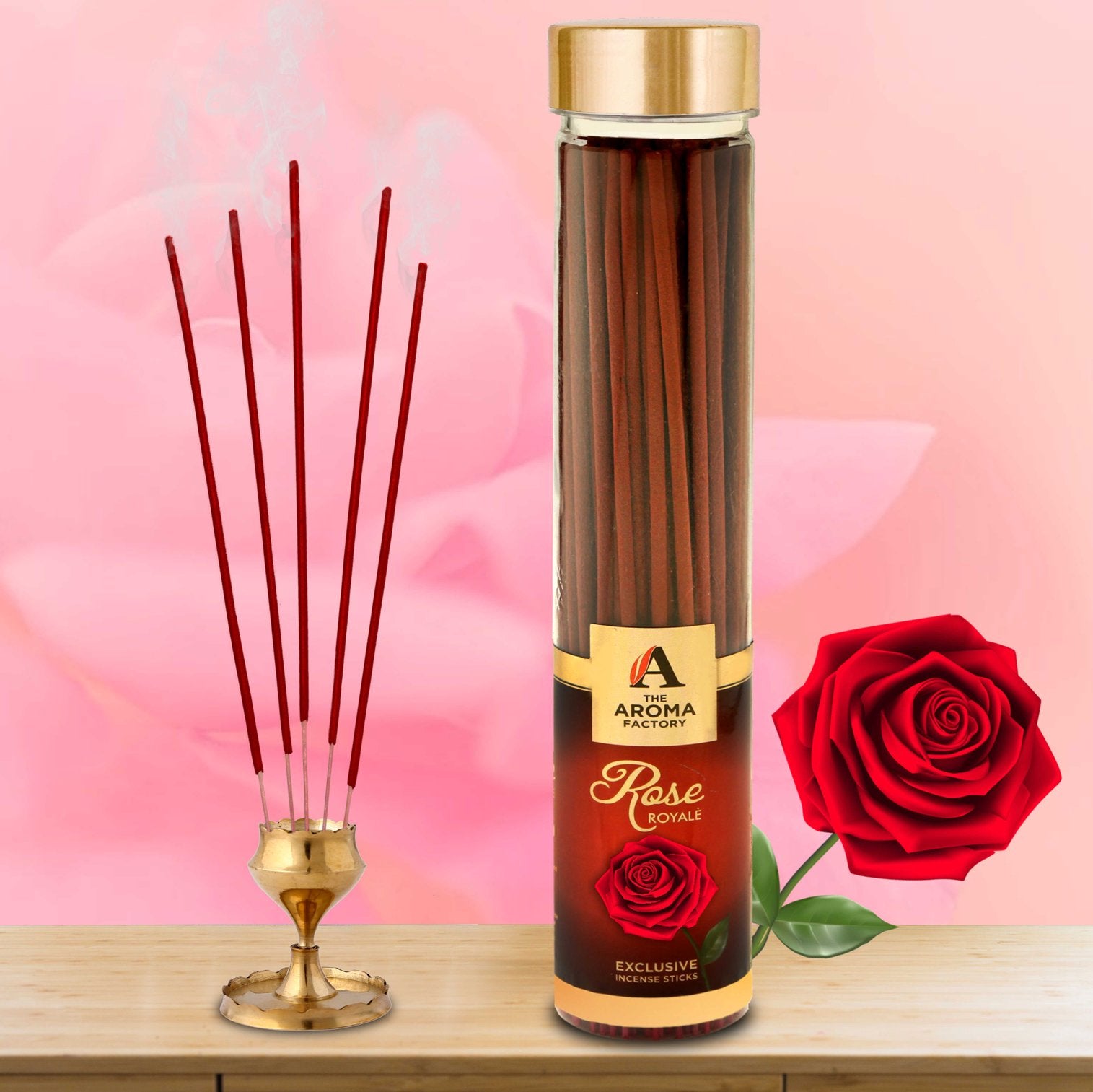 The Aroma Factory Rose Royal Incense Sticks Agarbatti (Charcoal Free & 100% Herbal) Bottle, 100g