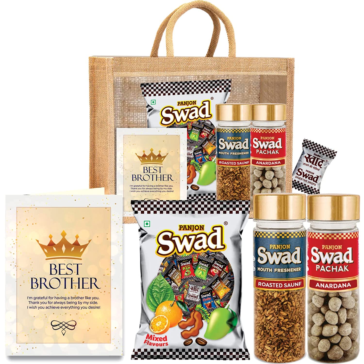 Swad World’s Best Brother Gift Hamper Set (Mixed Toffee & Rosted Saunf & Anardana Pachak Mukhwas Mouthfreshener, 25 Candy & 2 bottle) with Greeting Card & Jute Bag,Gift Item