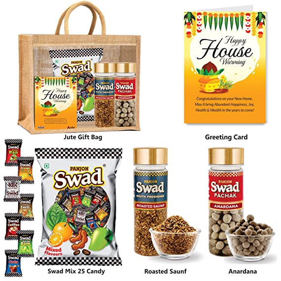 Swad Happy House Warming Gift Hamper Set (Mixed Toffee & Rosted Saunf & Anardana Pachak Mukhwas Mouthfreshener, 25 Candy & 2 bottle) with Greeting Card & Jute Bag,Gift Item