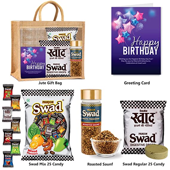 Swad Happy Birthday Gift Hamper Set (Mixed Toffee & Rosted Saunf & Regular 25 Candies Packet Pachak Mukhwas Mouthfreshener, 25 Candy & 2 bottle) with Greeting Card & Jute Bag,Gift Item