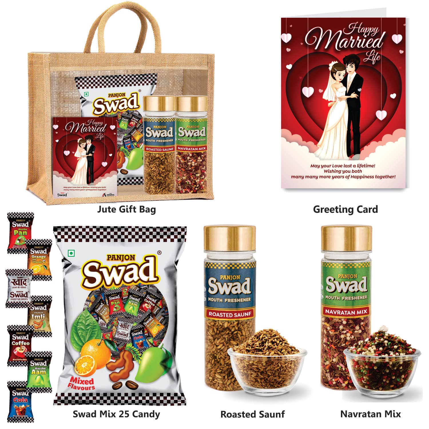 Swad Happy Married Life Gift Hamper Set (Mixed Toffee & Rosted Saunf & Shahi Navaratan Pachak Mukhwas Mouthfreshener, 25 Candy & 2 bottle) with Greeting Card & Jute Bag,Gift Item