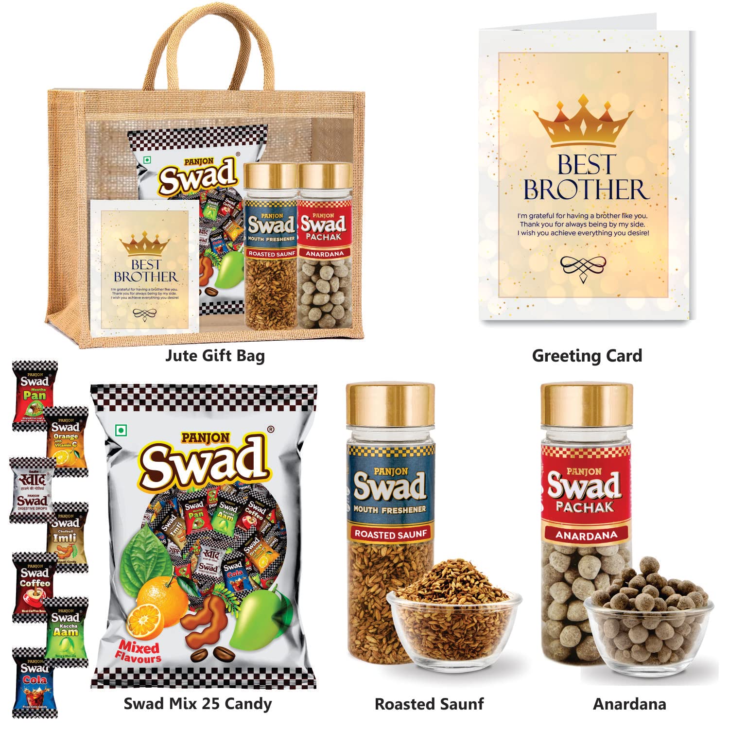 Swad World’s Best Brother Gift Hamper Set (Mixed Toffee & Rosted Saunf & Anardana Pachak Mukhwas Mouthfreshener, 25 Candy & 2 bottle) with Greeting Card & Jute Bag,Gift Item