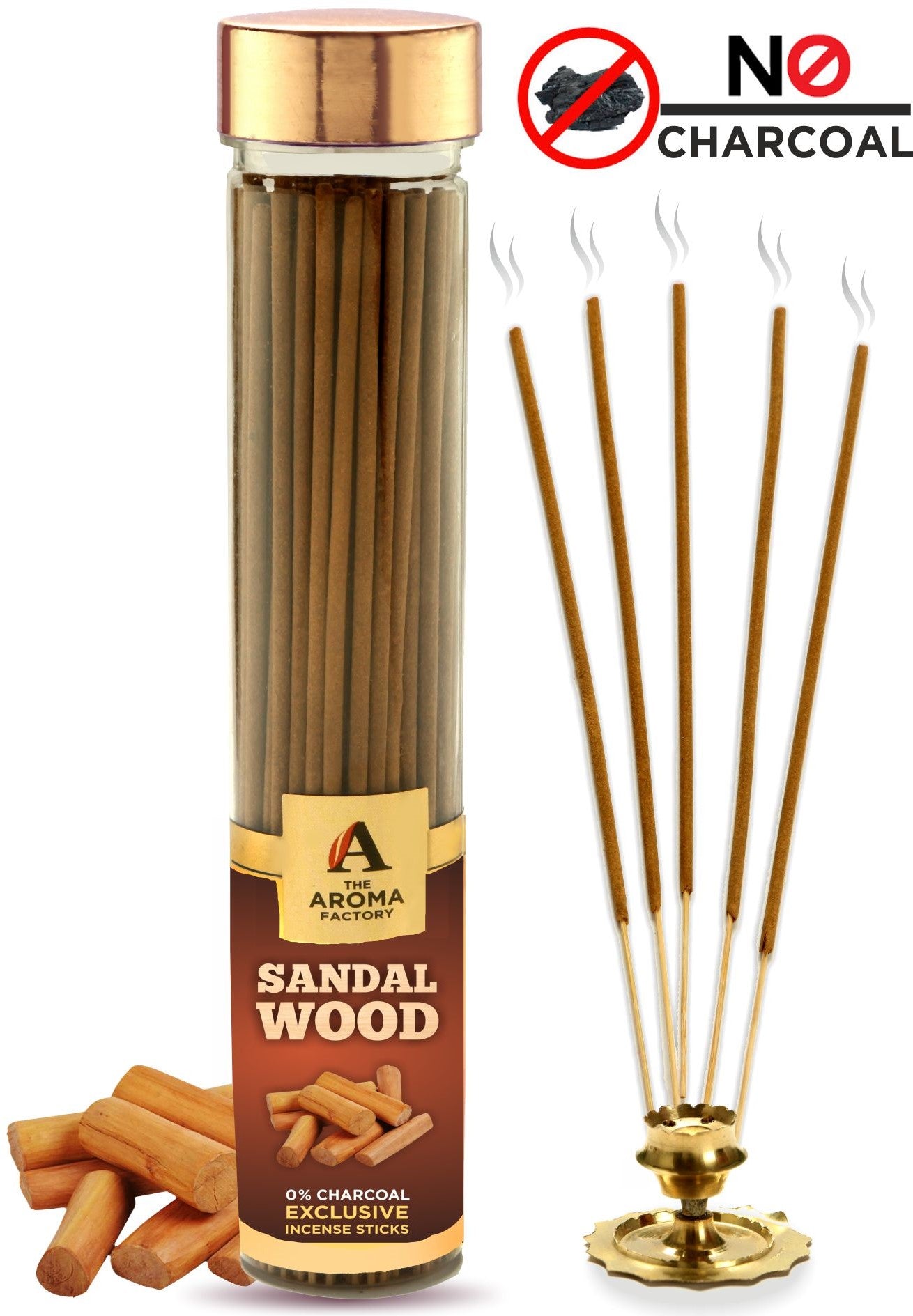 The Aroma Factory Sandalwood Chandan Incense Sticks Agarbatti (Charcoal Free & 100% Herbal) Bottle, 100g
