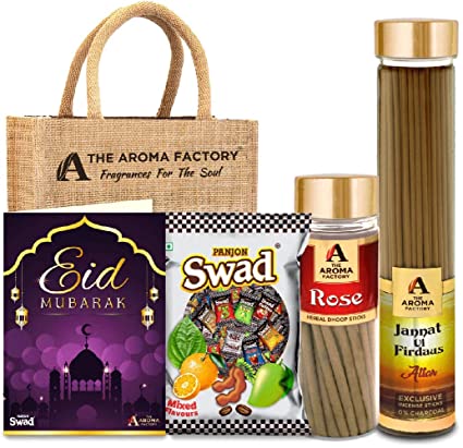 The Aroma Factory Eid Mubarak Gift Hamper Set (Swad Mix 25 Candy,Attar Jannat Ul Firdaus Agarbatti, Rose Dhoopcone, Greeting Card, Jute Bag) Gift Item